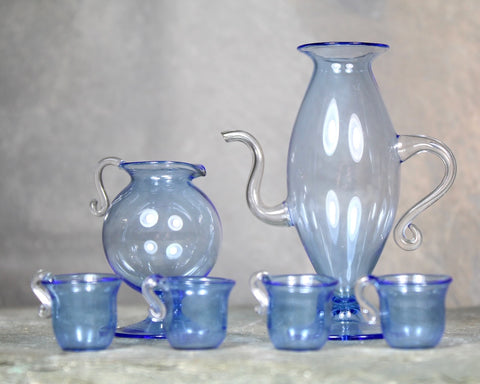 RARE! Antique Fine Glass Dollhouse Scale Pitchers and Cups | Blue Glass Miniature 2 Pitchers and 4 Cups | Bixley Shop