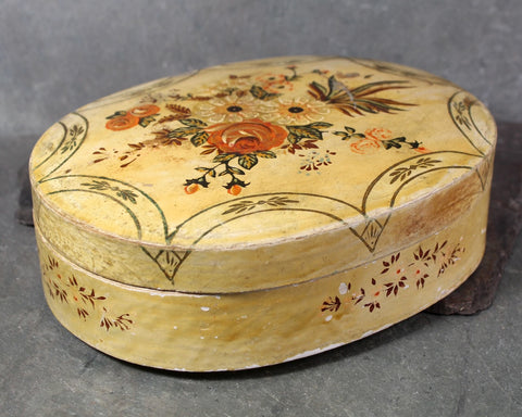 Vintage Lacquered Oval Shaped Floral Paper Maché Embroidery or Trinket Box | Keepsake Lidded Box | Made In Japan | Bixley Shop