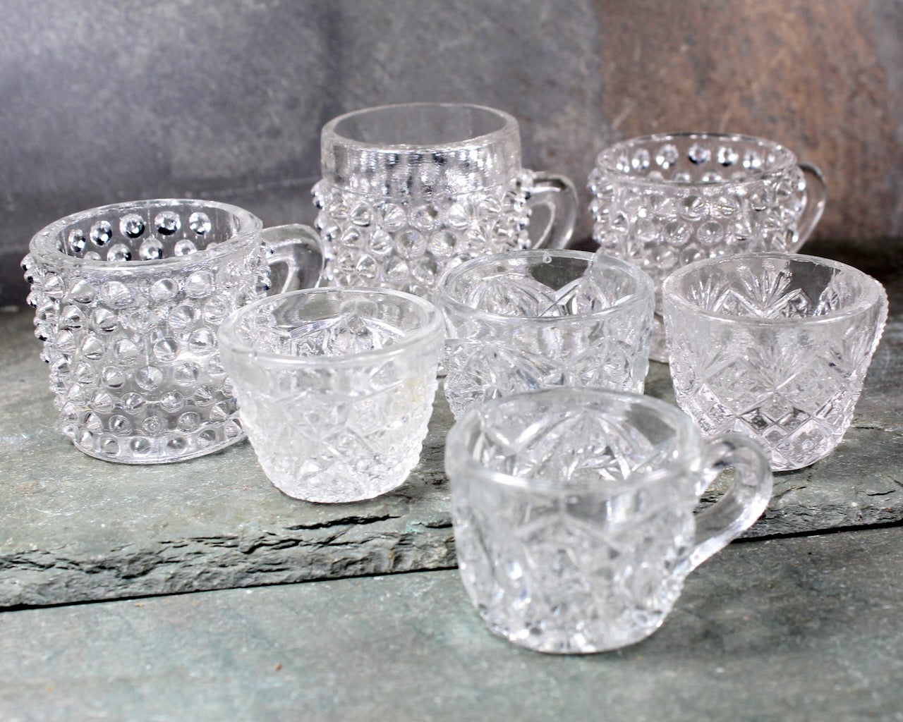 RARE! Mix & Match Child's Tea Party Glass Cups | Collection of 7 Pressed Glass Toy Punch Cups| Bixley Shop