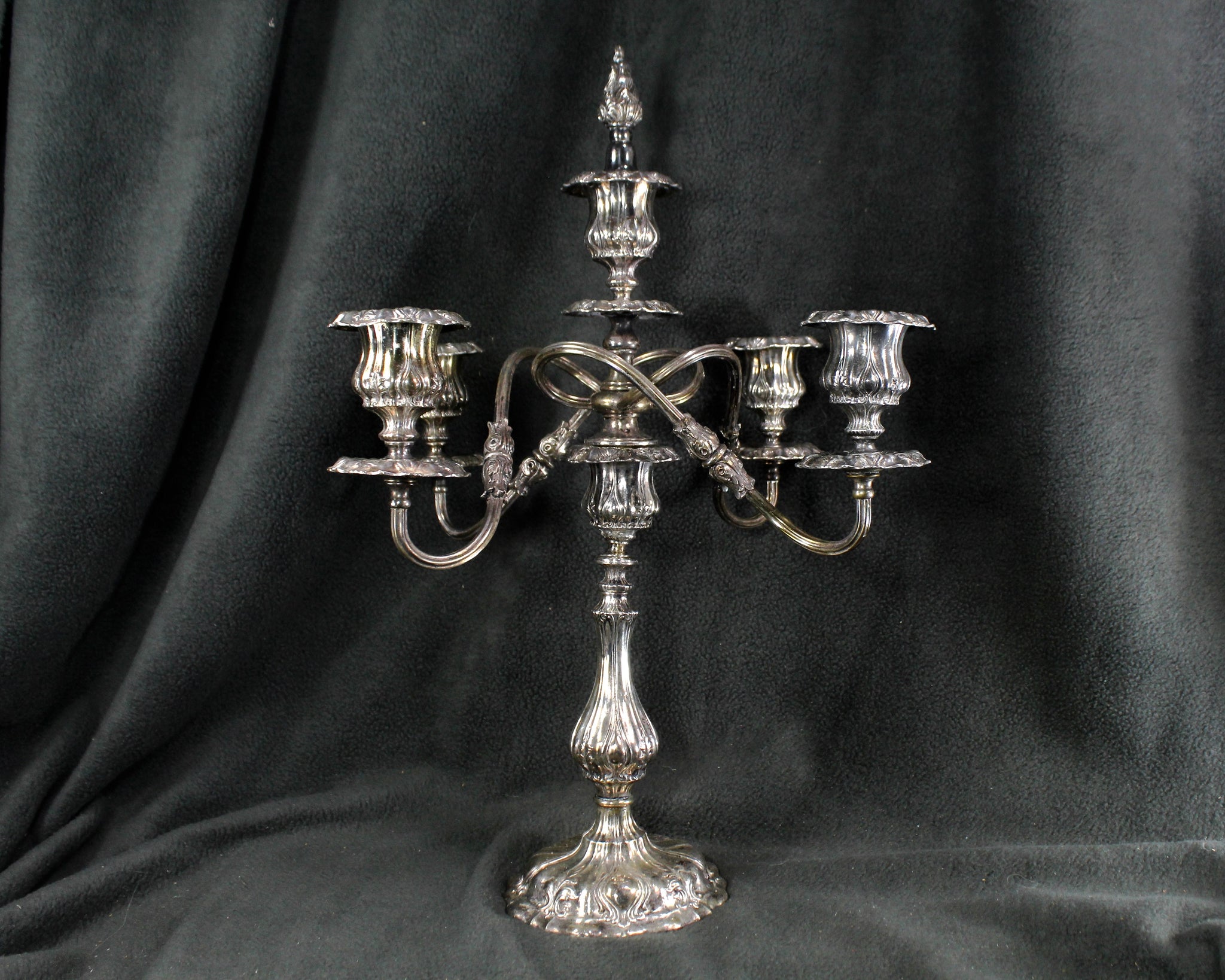 Large Silver Candelabra - 5 Candle | 4 Arm Silverplate Candelabra Rocco Style | Crescent Silver Company | Holiday Table Decor | Bixley Shop