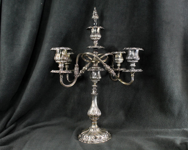 Large Silver Candelabra - 5 Candle | 4 Arm Silverplate Candelabra Rocco Style | Crescent Silver Company | Holiday Table Decor | Bixley Shop