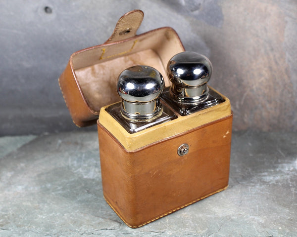 Antique Set of Perfume Bottles in Leather Travel Box | Abercrombie & Fitch Bottles with Glass Stoppers and Screw Top Lids | Bixley Shop