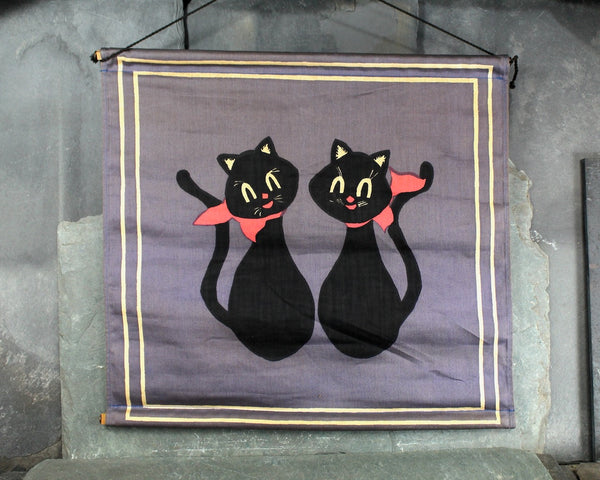 Antique Hand Printed Fabric Wall Hanging | Black Cat Wall Hanging | Vintage Wall Decor | Vintage Halloween | Bixley Shop
