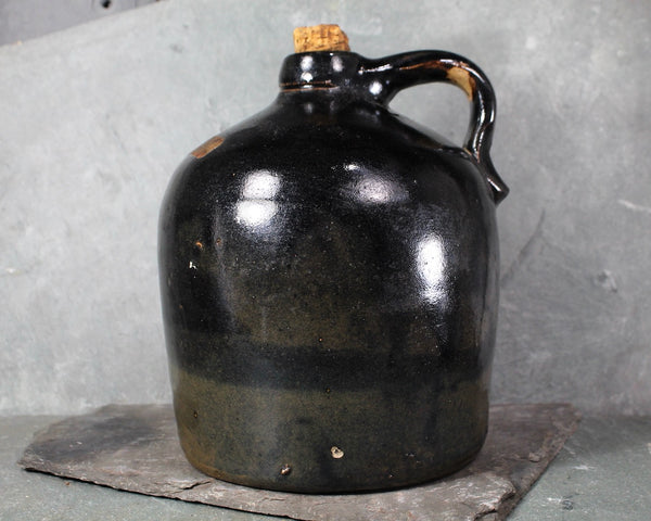 ANTIQUE Stoneware Jug with Cork Stopper | Classic Clay Jug with Black Glaze | Rustic Jug | Bixley Shop