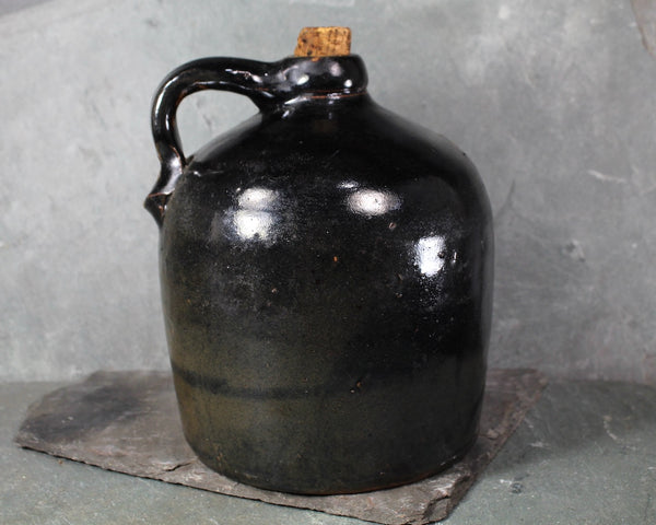 ANTIQUE Stoneware Jug with Cork Stopper | Classic Clay Jug with Black Glaze | Rustic Jug | Bixley Shop