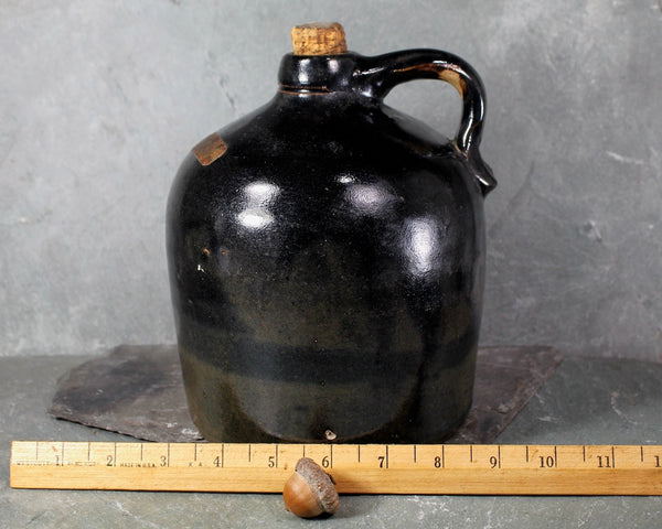 ANTIQUE Stoneware Jug with Cork Stopper | Classic Clay Jug with Black Glaze | Rustic Jug | Bixley Shop