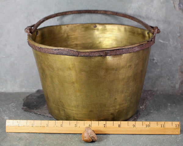 Antique Brass Pot | Apple Butter Kettle | 10" Brass Cauldron with Iron Handle | Circa 1900 | Antique Kitchen | Bixley Shop