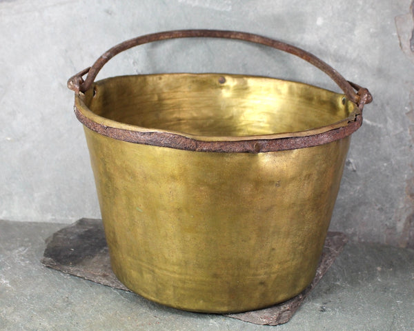 Antique Brass Pot | Apple Butter Kettle | 10" Brass Cauldron with Iron Handle | Circa 1900 | Antique Kitchen | Bixley Shop