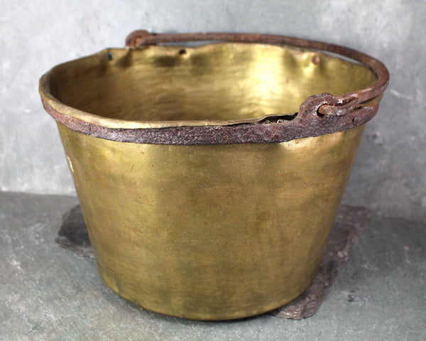 Antique Brass Pot | Apple Butter Kettle | 10" Brass Cauldron with Iron Handle | Circa 1900 | Antique Kitchen | Bixley Shop