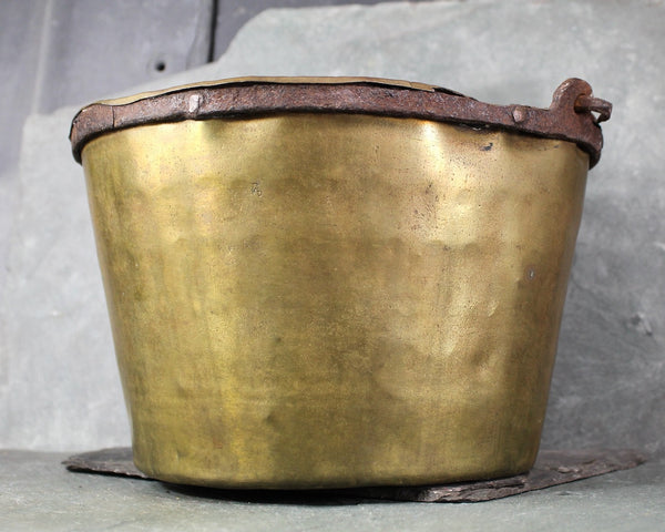 Antique Brass Pot | Apple Butter Kettle | 10" Brass Cauldron with Iron Handle | Circa 1900 | Antique Kitchen | Bixley Shop