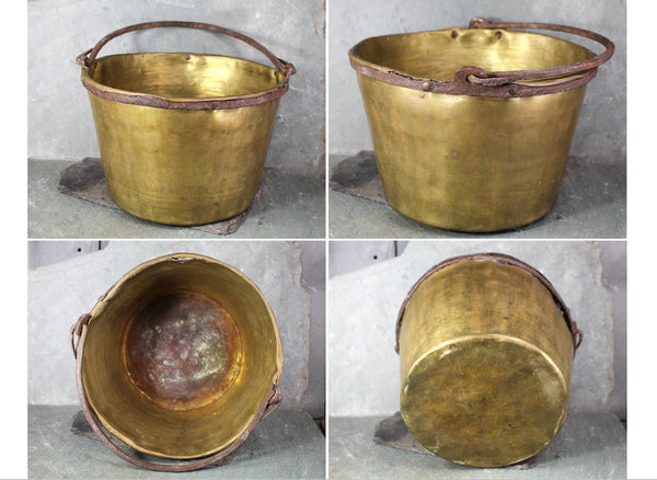 Antique Brass Pot | Apple Butter Kettle | 10" Brass Cauldron with Iron Handle | Circa 1900 | Antique Kitchen | Bixley Shop