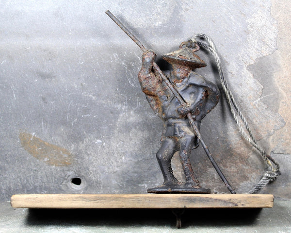 Antique Cast Iron Figure | Asian Fisherman with Pole | Fisherman on Wooden Plank | Distressed Cast Iron Hanging Figurine