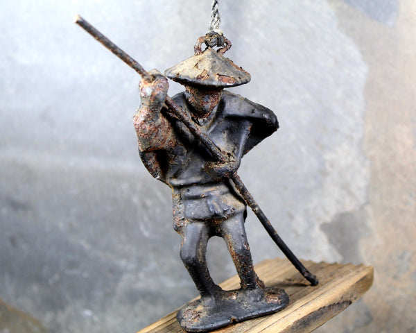 Antique Cast Iron Figure | Asian Fisherman with Pole | Fisherman on Wooden Plank | Distressed Cast Iron Hanging Figurine