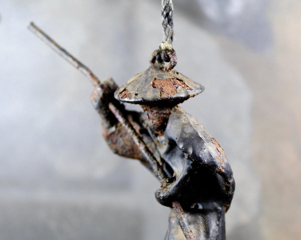 Antique Cast Iron Figure | Asian Fisherman with Pole | Fisherman on Wooden Plank | Distressed Cast Iron Hanging Figurine