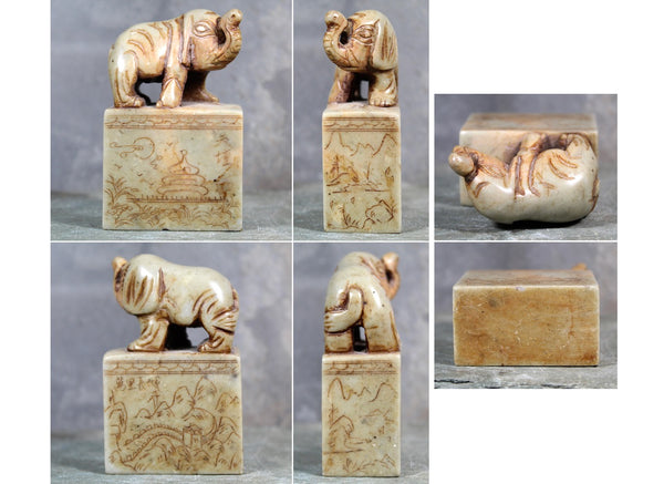 Antique Chinese Carved Elephant  | Tianhuang Shoushan Gaoshandong Carved Jade Elephant Seal Sculpture | Bixley Shop