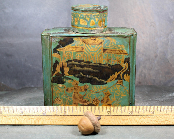 Antique Chinese Tea Tin | Green and Gold Tin with Cap | Vintage Tin | Bixley Shop