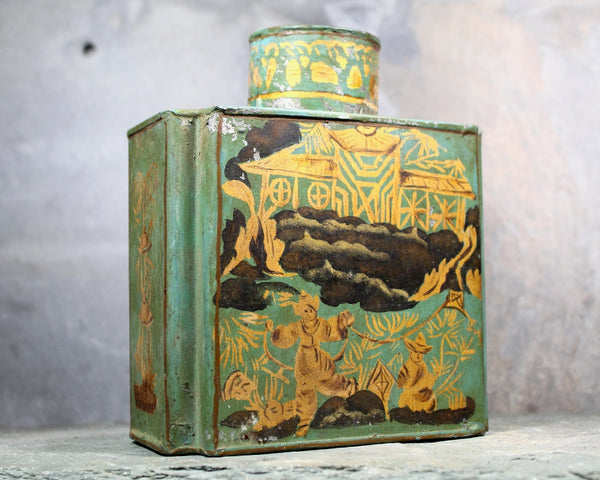 Antique Chinese Tea Tin | Green and Gold Tin with Cap | Vintage Tin | Bixley Shop