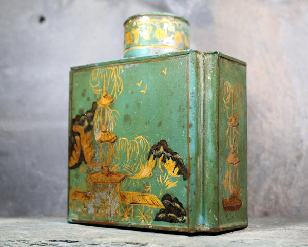 Antique Chinese Tea Tin | Green and Gold Tin with Cap | Vintage Tin | Bixley Shop