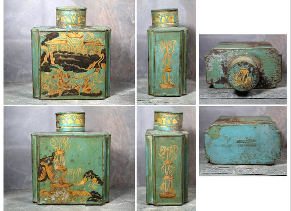 Antique Chinese Tea Tin | Green and Gold Tin with Cap | Vintage Tin | Bixley Shop