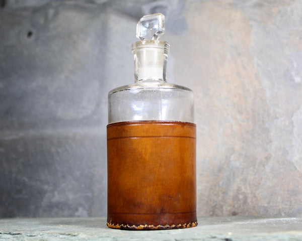 Antique Leather Sheathed Apothecary Bottle with Glass Stopper | Leather Covered Bottle | Glass Stopper Bottle | Bixley Shop