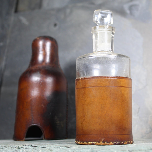 Antique Leather Sheathed Apothecary Bottle with Glass Stopper | Leather Covered Bottle | Glass Stopper Bottle | Bixley Shop