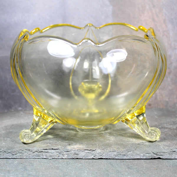 Antique Topaz Yellow Depression Glass Bowl | Topaz Yellow 3 Footed Decorative Bowl | Bixley Shop