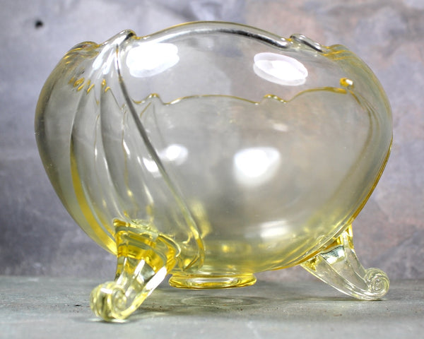 Antique Topaz Yellow Depression Glass Bowl | Topaz Yellow 3 Footed Decorative Bowl | Bixley Shop