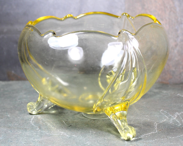 Antique Topaz Yellow Depression Glass Bowl | Topaz Yellow 3 Footed Decorative Bowl | Bixley Shop