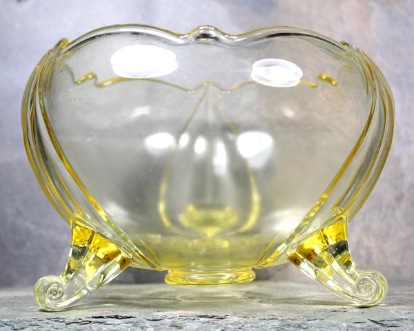 Antique Topaz Yellow Depression Glass Bowl | Topaz Yellow 3 Footed Decorative Bowl | Bixley Shop