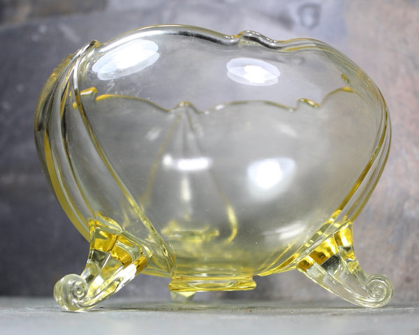 Antique Topaz Yellow Depression Glass Bowl | Topaz Yellow 3 Footed Decorative Bowl | Bixley Shop