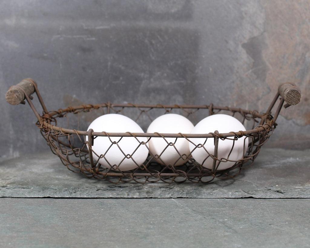 Antique Mini Egg Basket, Wire Basket with Handles, Vintage Patina