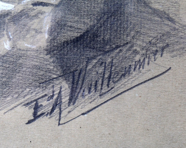 E.A. Wuillenmier Signed Drawing | Antique Pencil and Pastel Signed Original Art | | 8 3/4" x 10 3/4" Framed Under Glass | Bixley Shop
