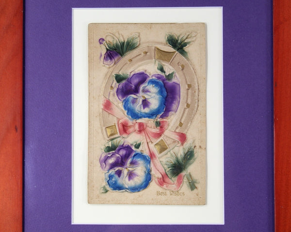 1900s Birthday Card Mounted and Matted | Purple & Blue Violets | Vintage Art | Bixley Shop