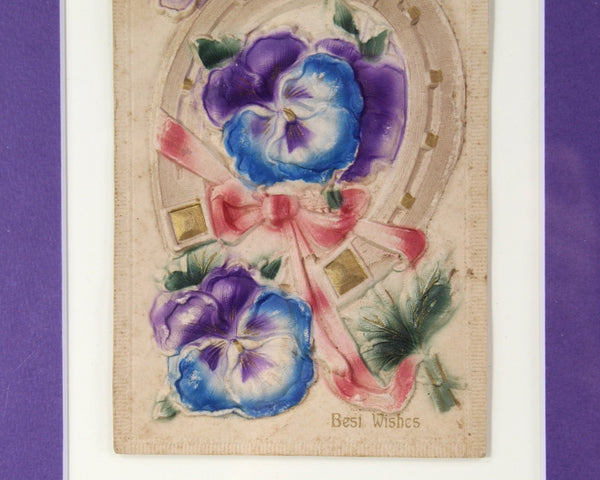 1900s Birthday Card Mounted and Matted | Purple & Blue Violets | Vintage Art | Bixley Shop