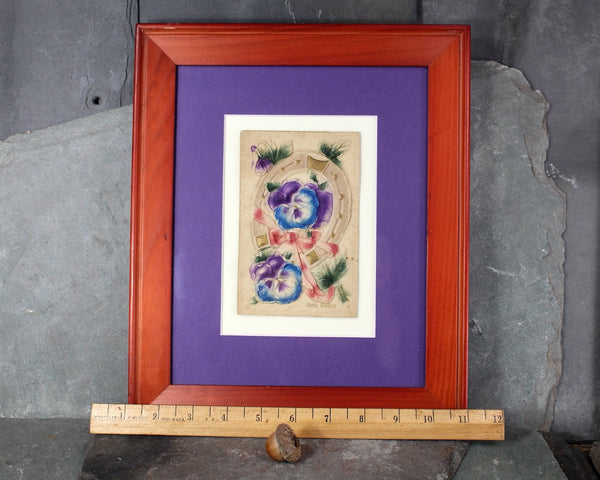 1900s Birthday Card Mounted and Matted | Purple & Blue Violets | Vintage Art | Bixley Shop