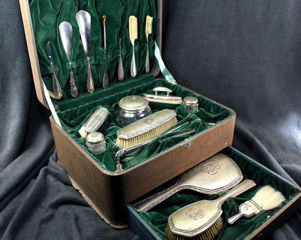 Stunning Antique Sterling Silver 21 Piece Vanity Set in Velvet Lined Case | Bone Small Brush Heads | Horse Hair Bristles | Bixley Shop