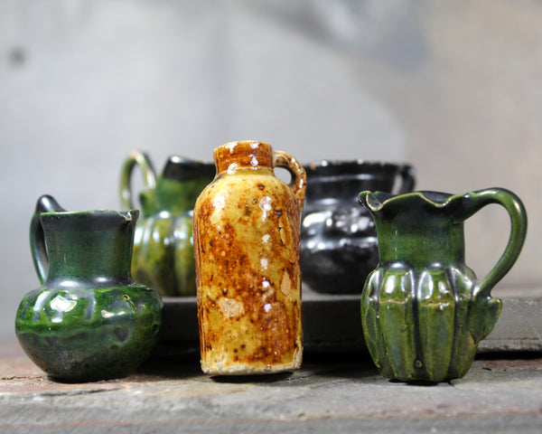 RARE! Antique Dollhouse Pottery Pitchers Set of 5 | Hand Thrown Collection of Miniature Pitchers Hand Glazed | Bixley Shop