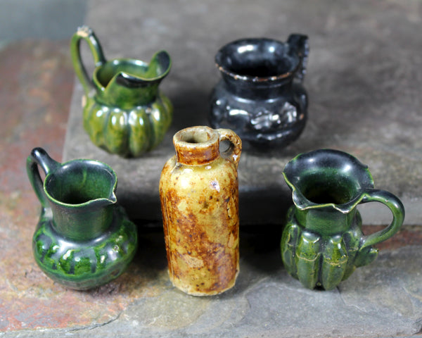 RARE! Antique Dollhouse Pottery Pitchers Set of 5 | Hand Thrown Collection of Miniature Pitchers Hand Glazed | Bixley Shop