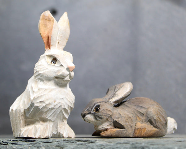 FOR BUNNY LOVERS! Set of 2 Carved Wooden Bunnies | White & Gray Easter Bunny Figurines | Folk Art Bunnies | Bixley Shop