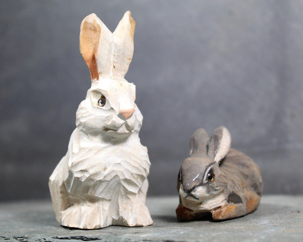 FOR BUNNY LOVERS! Set of 2 Carved Wooden Bunnies | White & Gray Easter Bunny Figurines | Folk Art Bunnies | Bixley Shop