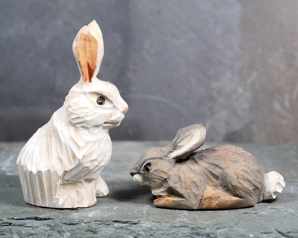 FOR BUNNY LOVERS! Set of 2 Carved Wooden Bunnies | White & Gray Easter Bunny Figurines | Folk Art Bunnies | Bixley Shop