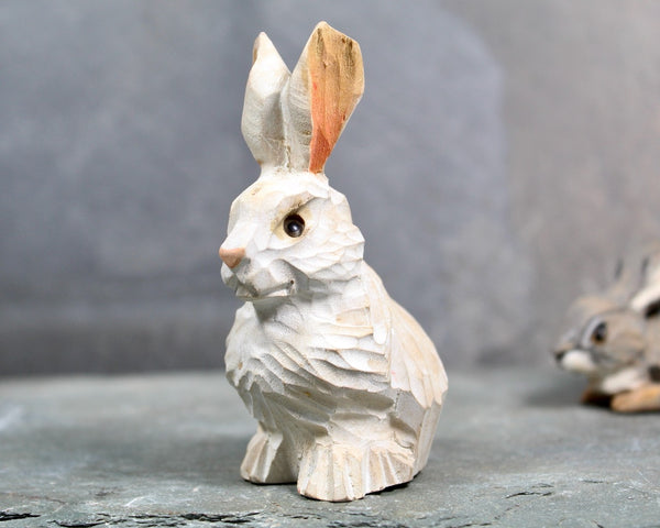 FOR BUNNY LOVERS! Set of 2 Carved Wooden Bunnies | White & Gray Easter Bunny Figurines | Folk Art Bunnies | Bixley Shop