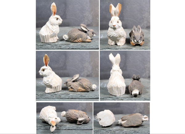 FOR BUNNY LOVERS! Set of 2 Carved Wooden Bunnies | White & Gray Easter Bunny Figurines | Folk Art Bunnies | Bixley Shop