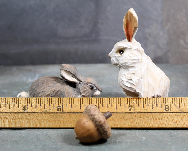 FOR BUNNY LOVERS! Set of 2 Carved Wooden Bunnies | White & Gray Easter Bunny Figurines | Folk Art Bunnies | Bixley Shop