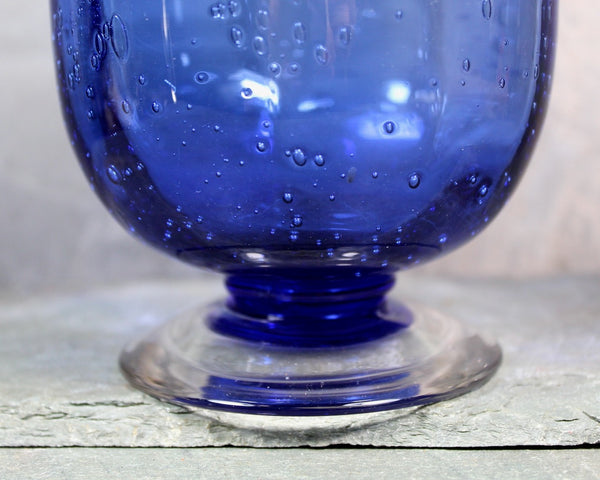 Blown Glass Wide Mouth Pedestal Vase | Cobalt Blue Glass with Bubbles | Bixley Shop