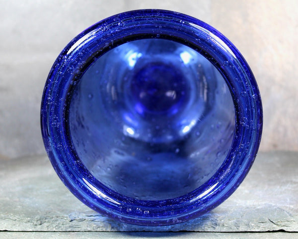 Blown Glass Wide Mouth Pedestal Vase | Cobalt Blue Glass with Bubbles | Bixley Shop