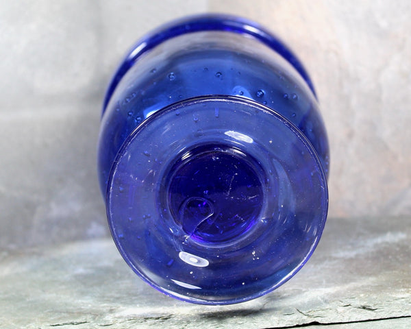 Blown Glass Wide Mouth Pedestal Vase | Cobalt Blue Glass with Bubbles | Bixley Shop