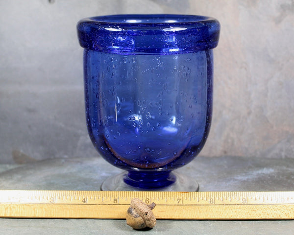 Blown Glass Wide Mouth Pedestal Vase | Cobalt Blue Glass with Bubbles | Bixley Shop