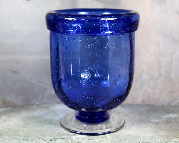 Blown Glass Wide Mouth Pedestal Vase | Cobalt Blue Glass with Bubbles | Bixley Shop