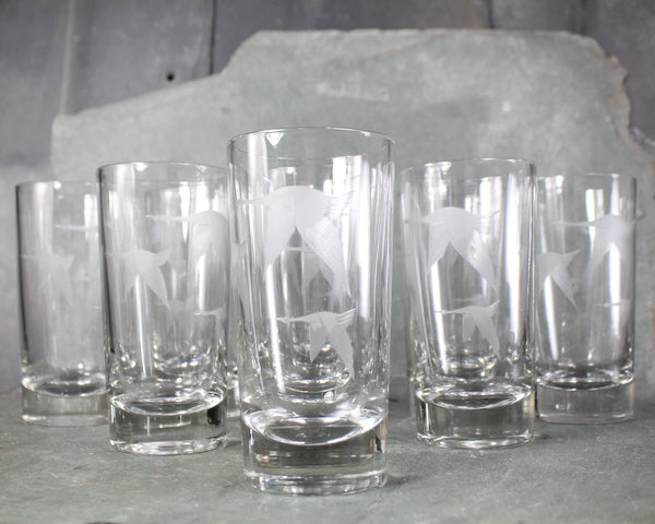 Set of 9 Mid-Century Tom Collins Glasses | Etched Geese in Flight | Mid-Century circa 1960s | 8 Oz Glasses | Bixley Shop